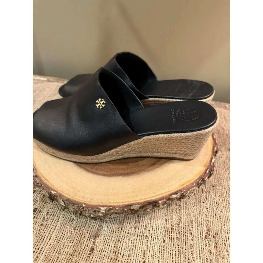 TORY BURCH Landon Espadrille‎ Black Leather Wedge Sandals Shoes Size 8M  $295